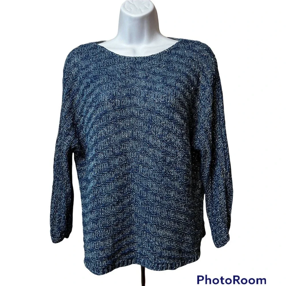 Chico’s Blue Shimmer Knit Sweater Long Sleeve Woman Size 1 - Picture 1 of 6